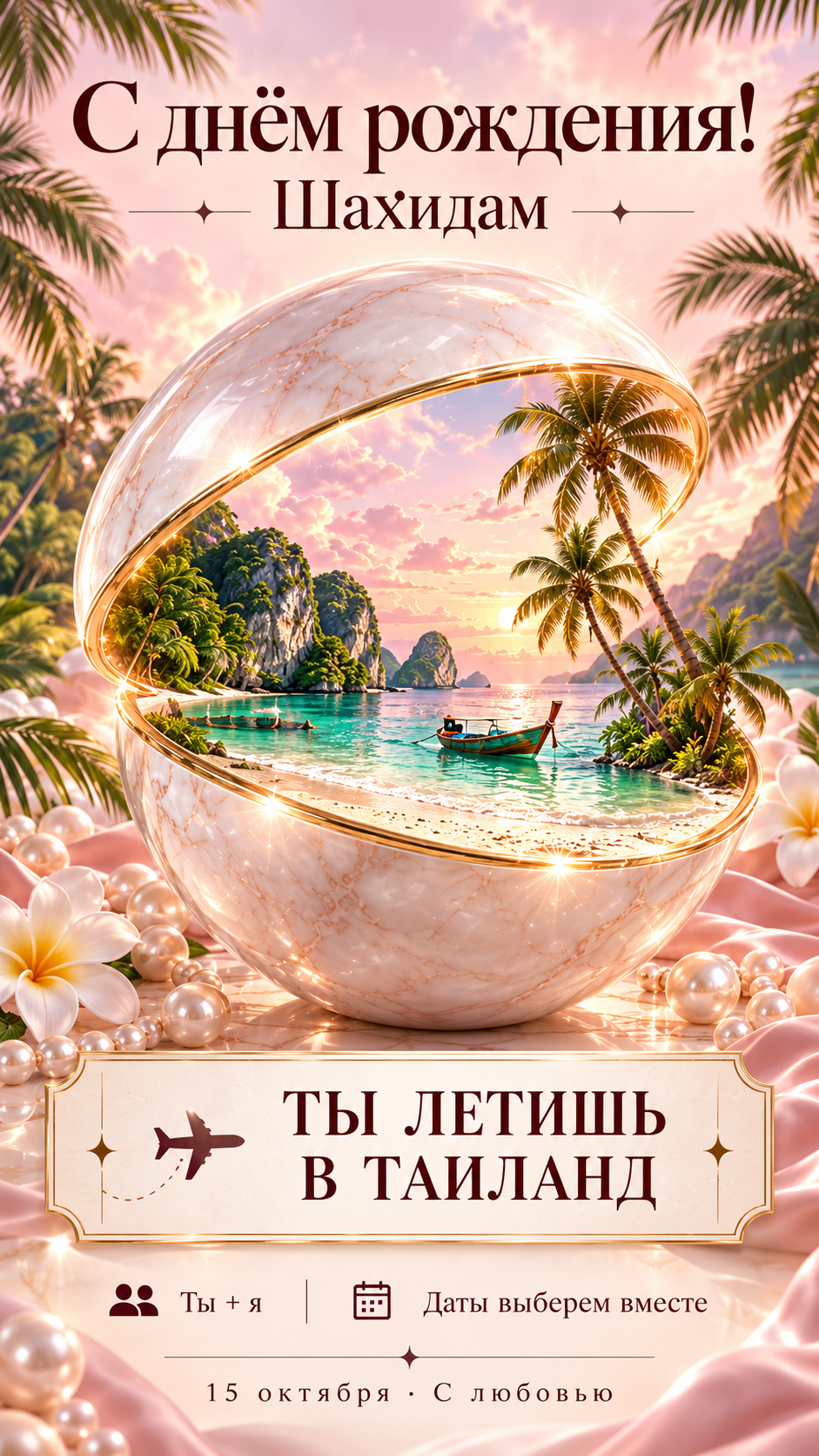 С днём рождения, Шахидам! Ты летишь в Таиланд. Ты + я. Даты выберем вместе. 15 октября — с любовью.